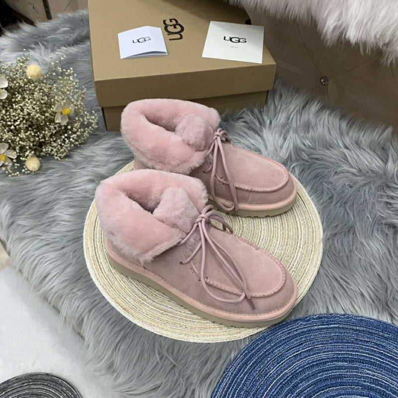 3090 Faux Fur Trim Lace-Up Ankle Boots – Pink (In Stock)