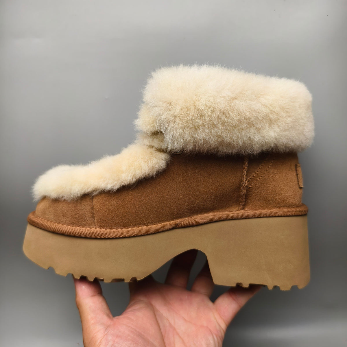 1532 Esme Wedge Ankle Boots – Chestnut Fluffy Lace-Up (In Stock)
