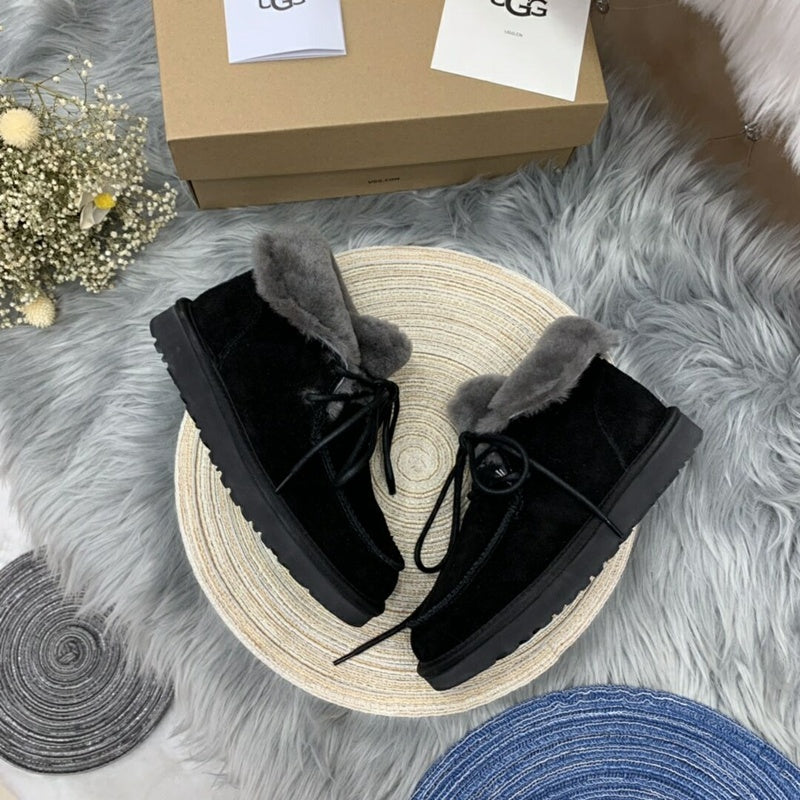 3090 Faux Fur Trim Lace-Up Ankle Boots – Black (In Stock)
