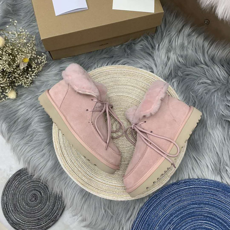 3090 Faux Fur Trim Lace-Up Ankle Boots – Pink (In Stock)