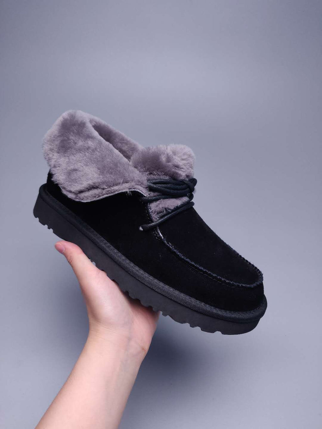 3090 Faux Fur Trim Lace-Up Ankle Boots – Black (In Stock)