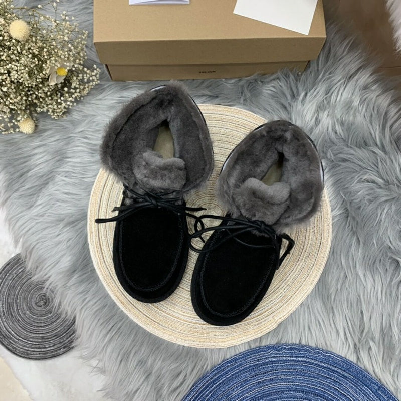 3090 Faux Fur Trim Lace-Up Ankle Boots – Black (In Stock)