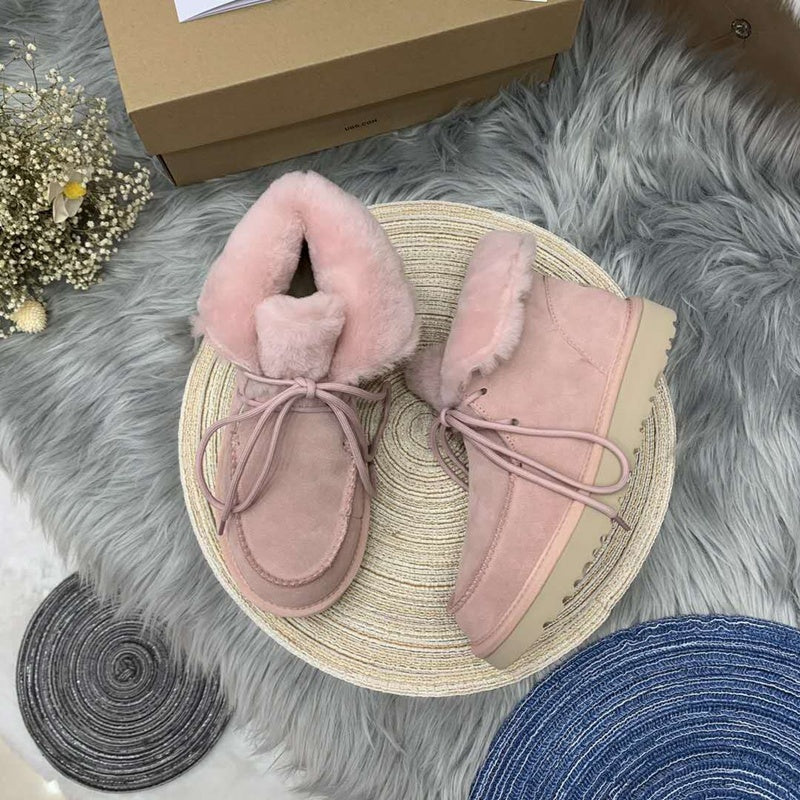 3090 Faux Fur Trim Lace-Up Ankle Boots – Pink (In Stock)