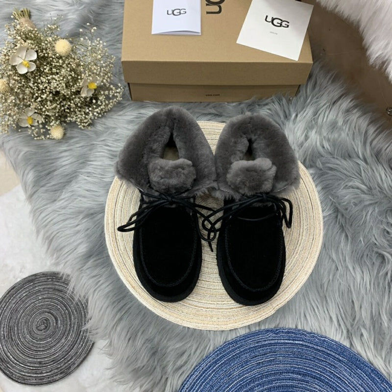 3090 Faux Fur Trim Lace-Up Ankle Boots – Black (In Stock)