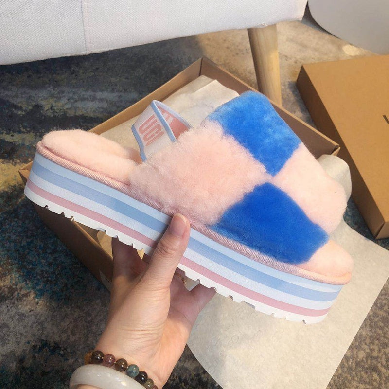 3490 Platform Shearling Sandals – Pink Colorblock (In Stock)