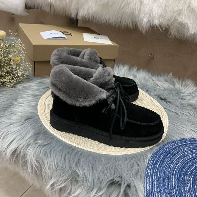 3090 Faux Fur Trim Lace-Up Ankle Boots – Black (In Stock)