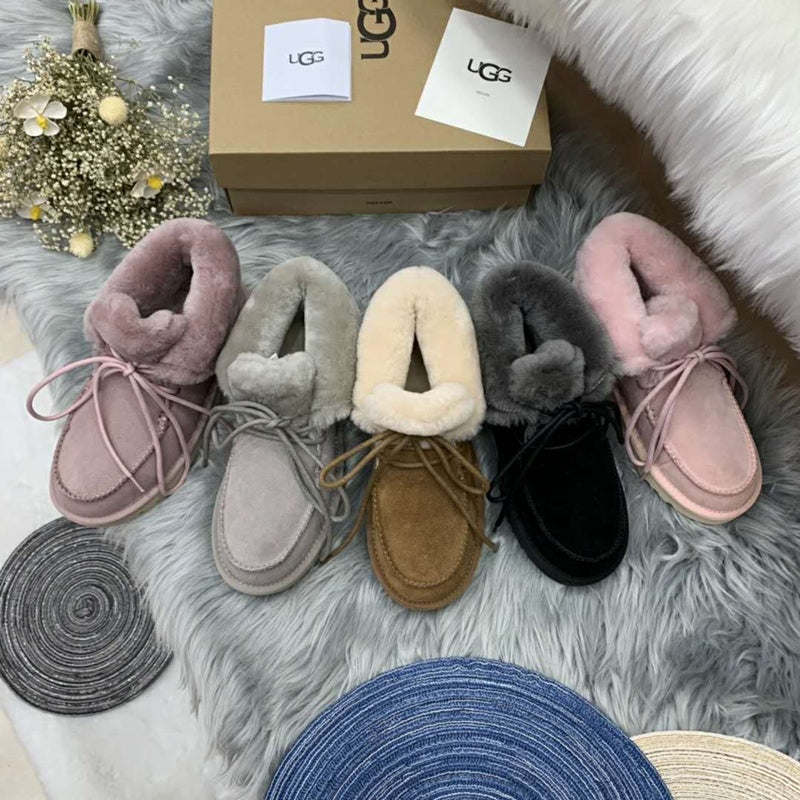 3090 Faux Fur Trim Lace-Up Ankle Boots – Pink (In Stock)