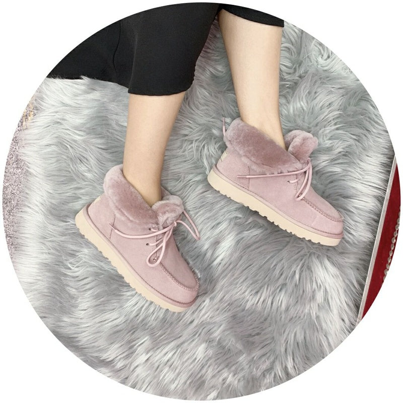 3090 Faux Fur Trim Lace-Up Ankle Boots – Pink (In Stock)