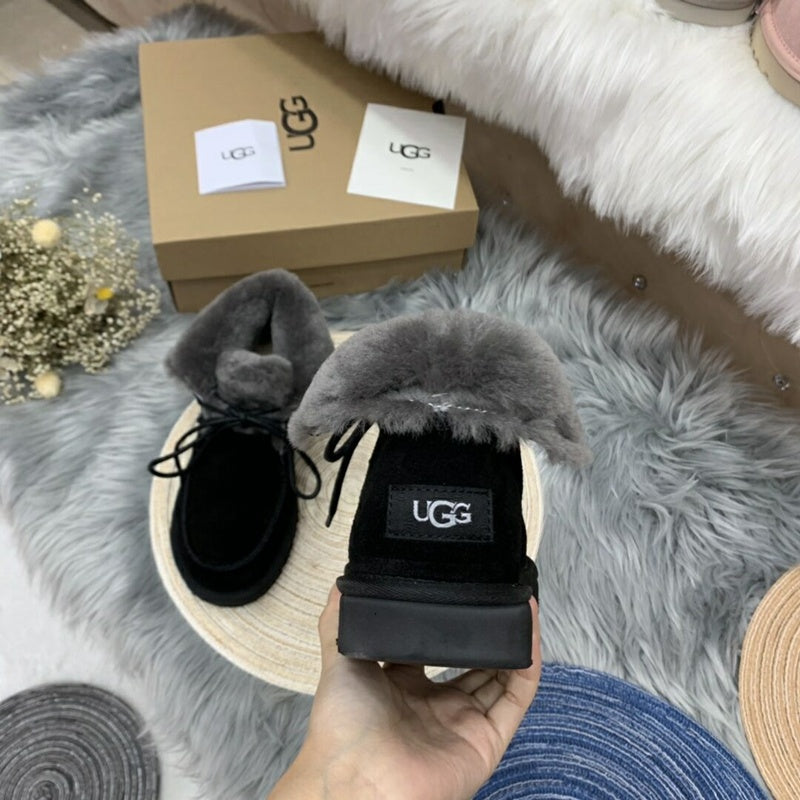 3090 Faux Fur Trim Lace-Up Ankle Boots – Black (In Stock)