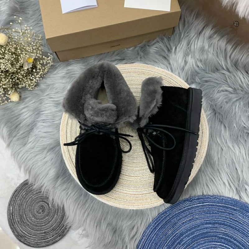 3090 Faux Fur Trim Lace-Up Ankle Boots – Black (In Stock)