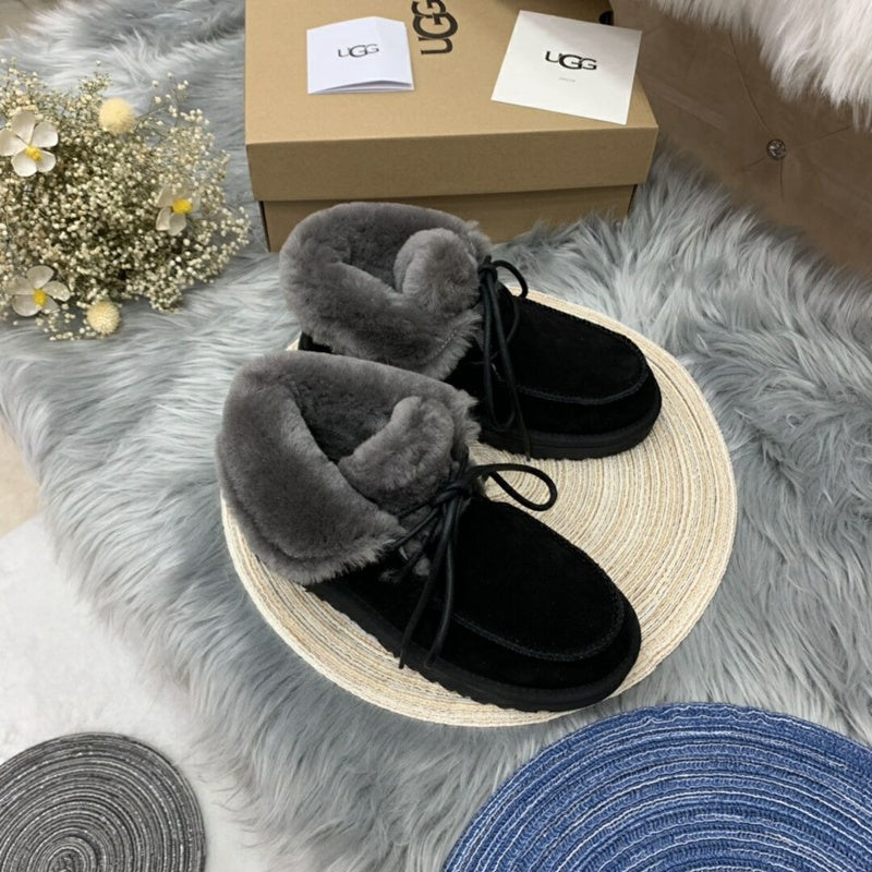 3090 Faux Fur Trim Lace-Up Ankle Boots – Black (In Stock)