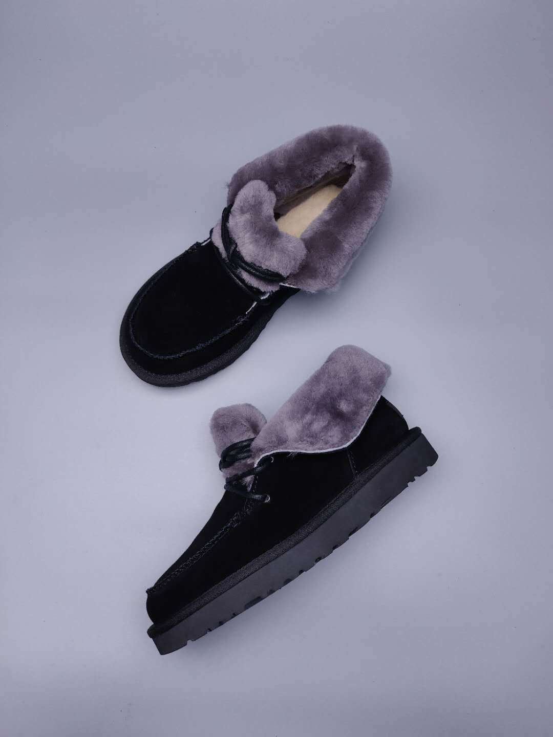 3090 Faux Fur Trim Lace-Up Ankle Boots – Black (In Stock)
