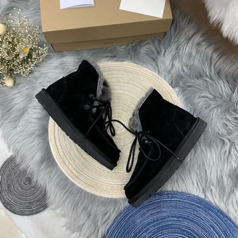 3090 Faux Fur Trim Lace-Up Ankle Boots – Black (In Stock)