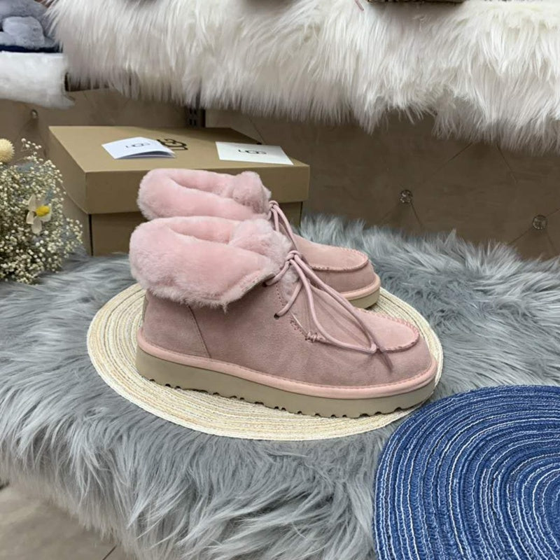 3090 Faux Fur Trim Lace-Up Ankle Boots – Pink (In Stock)