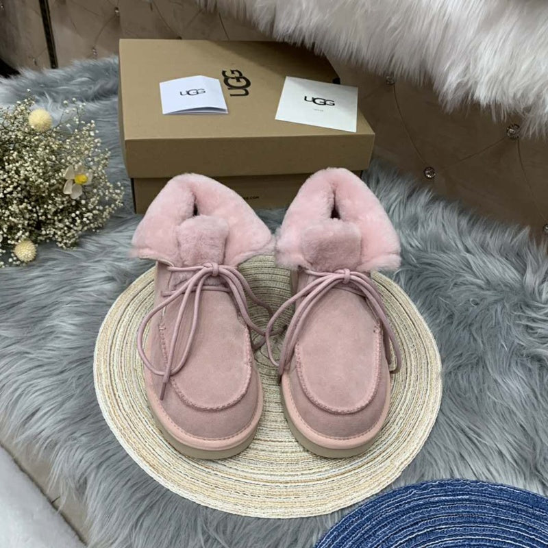 3090 Faux Fur Trim Lace-Up Ankle Boots – Pink (In Stock)