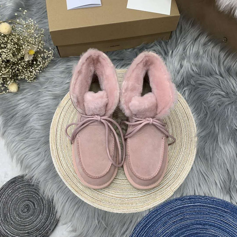 3090 Faux Fur Trim Lace-Up Ankle Boots – Pink (In Stock)