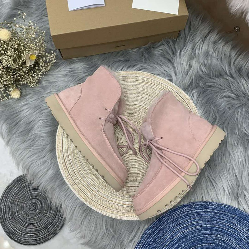 3090 Faux Fur Trim Lace-Up Ankle Boots – Pink (In Stock)